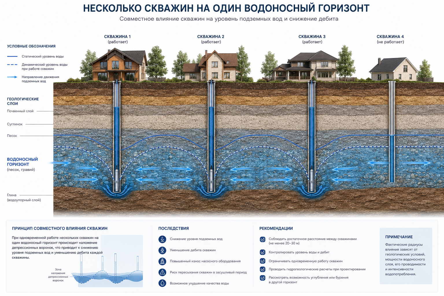 Схема нескольких скважин, влияющих на уровень воды в одном водоносном горизонте
