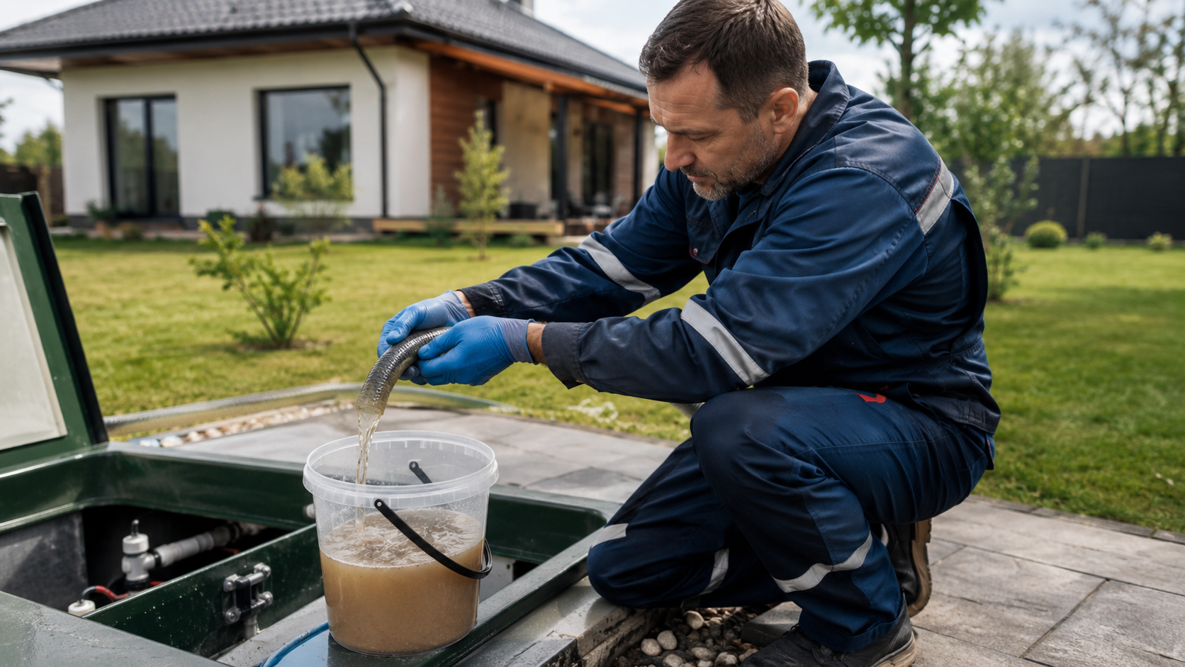 Мутная вода с песком набирается в прозрачное ведро возле частного дома, рядом видна скважина и система водоснабжения